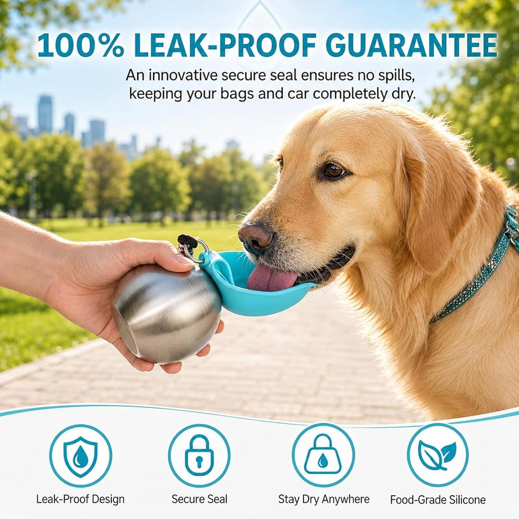 2 in 1 Portable Tumbler for Dogs, Portable Dog Water Ball, 10oz Stainless Steel Pet Water Dispenser with Silicone Foldable Bowl, Leak Proof, Portable Small Dog Water Bottle for Walking, Hiking(Pink)