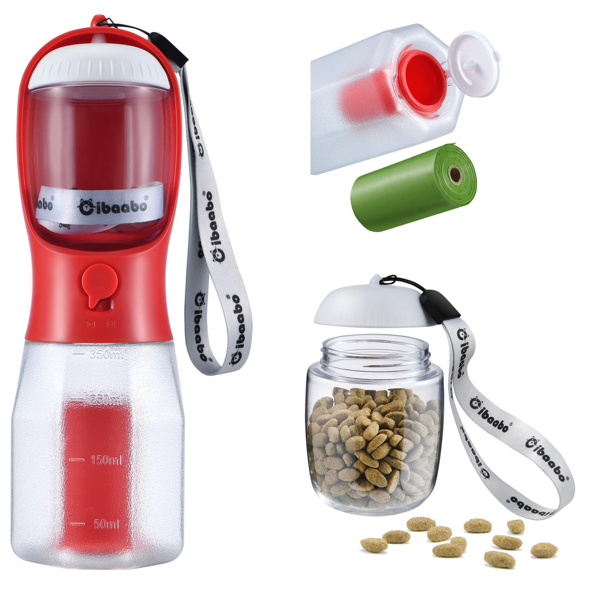 Cibaabo Dog Water Bottle with Food Container & Poop Bag Holder & Filter