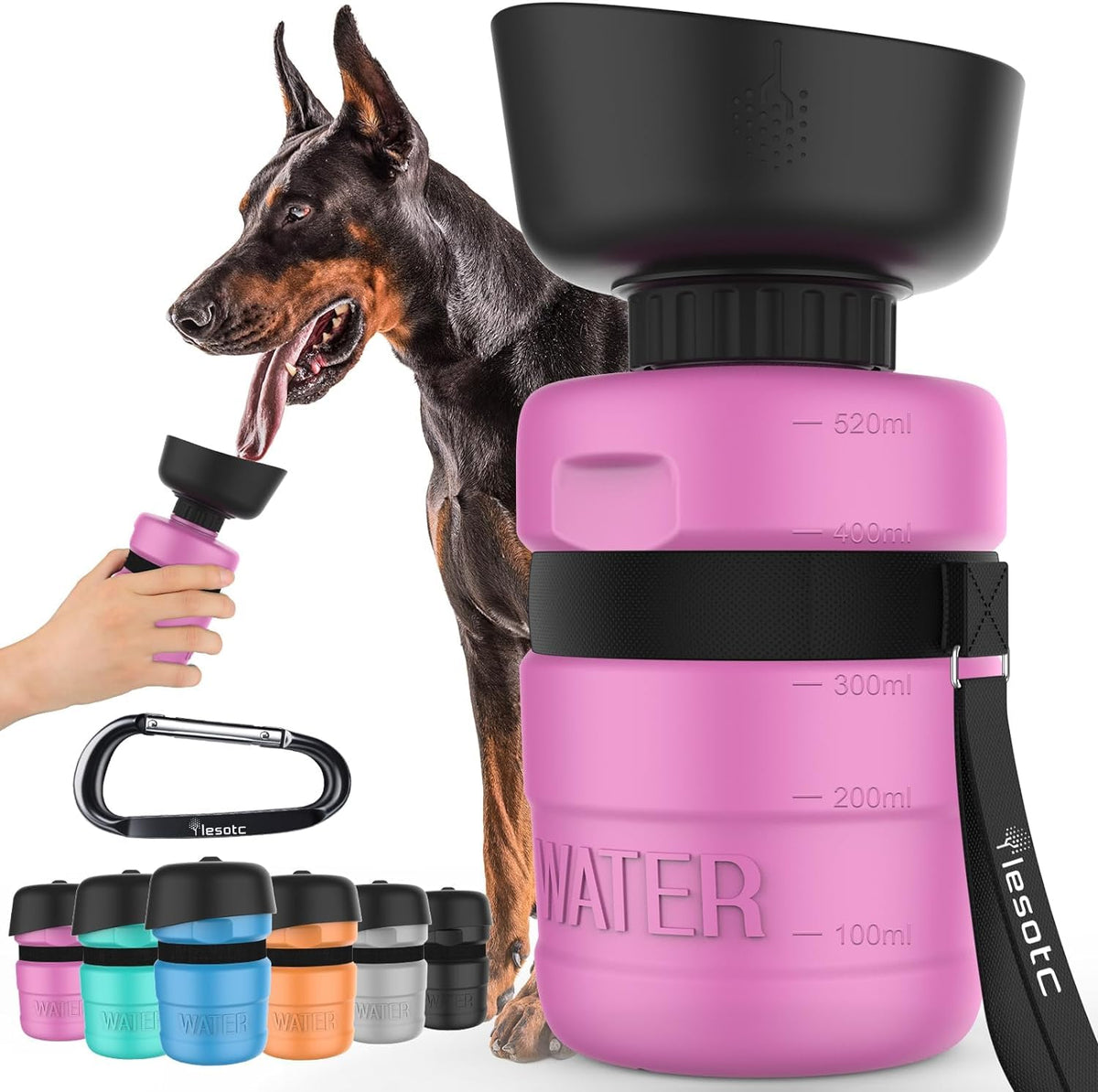 lesotc Dog Water Bottle, Portable Water Dispenser with Bowl, Leak Proof Pet Travel Squeeze Bottle, Puppy Essentials Dog Stuff Accessories for Outdoor Walking, Hiking, Camping