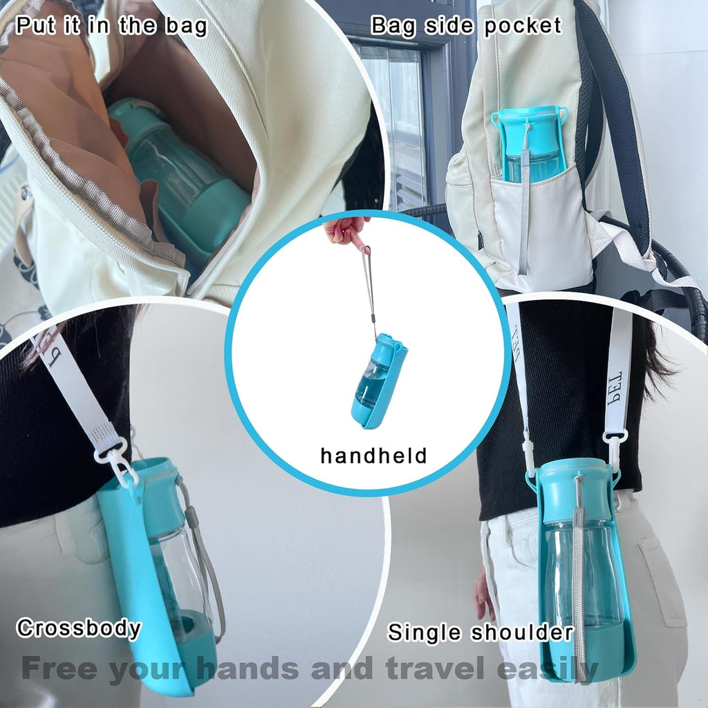 Portable 2-in-1 Pet Water Bottle for Dogs Cats, Leakproof 8oz Travel Bottle with Food Storage, Blue