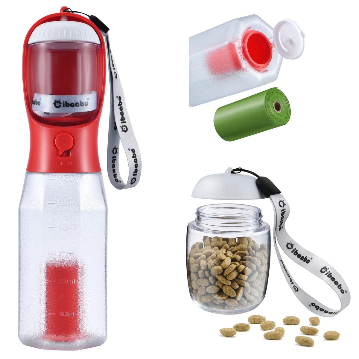 Cibaabo Dog Water Bottle with Food Container & Poop Bag Holder & Filter