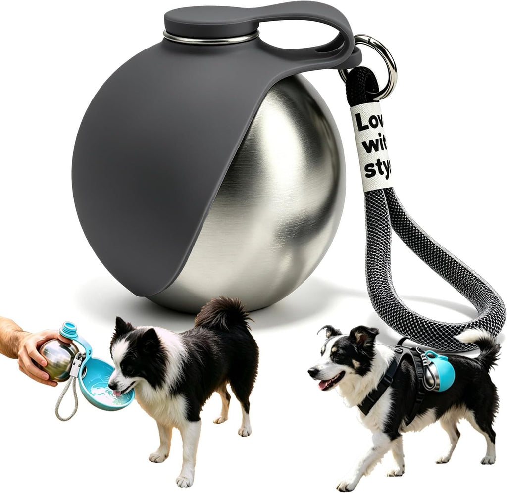 2 in 1 Portable Dog Water Bottle with Foldable Bowl 10oz Gray