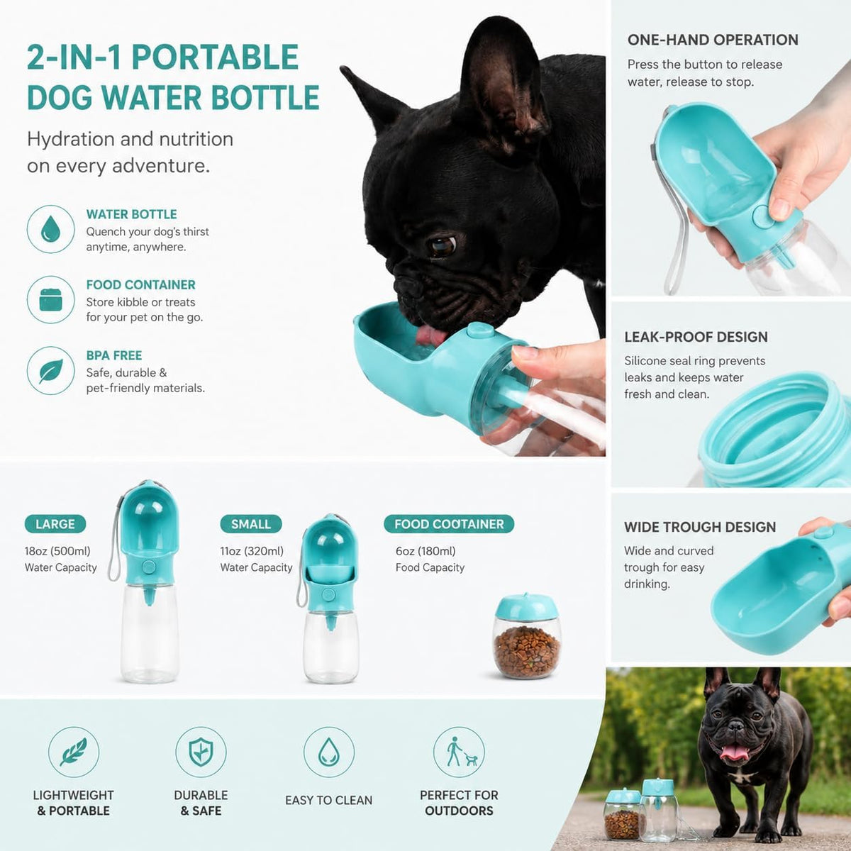 2-in-1 Dog Cat Portable Water & Food Travel Dispenser Bottle (Green)