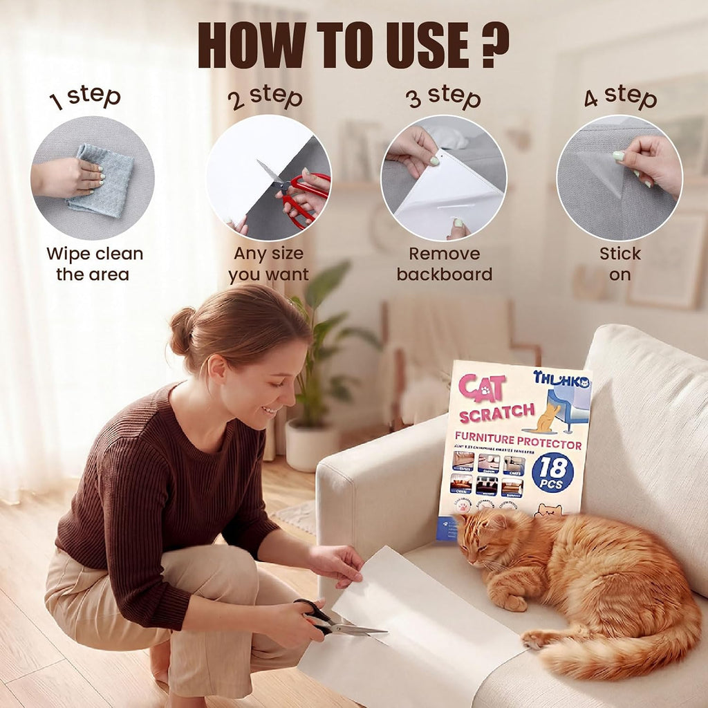 THLHKD Cat Scratch Furniture Protector, 18PCS Single Sided Couch Protectors Tape from Cats Claws Scratching, Thicken Clear Sheets Proof Clawing Sofa Corner Protection Cover Anti Scratch for Furniture