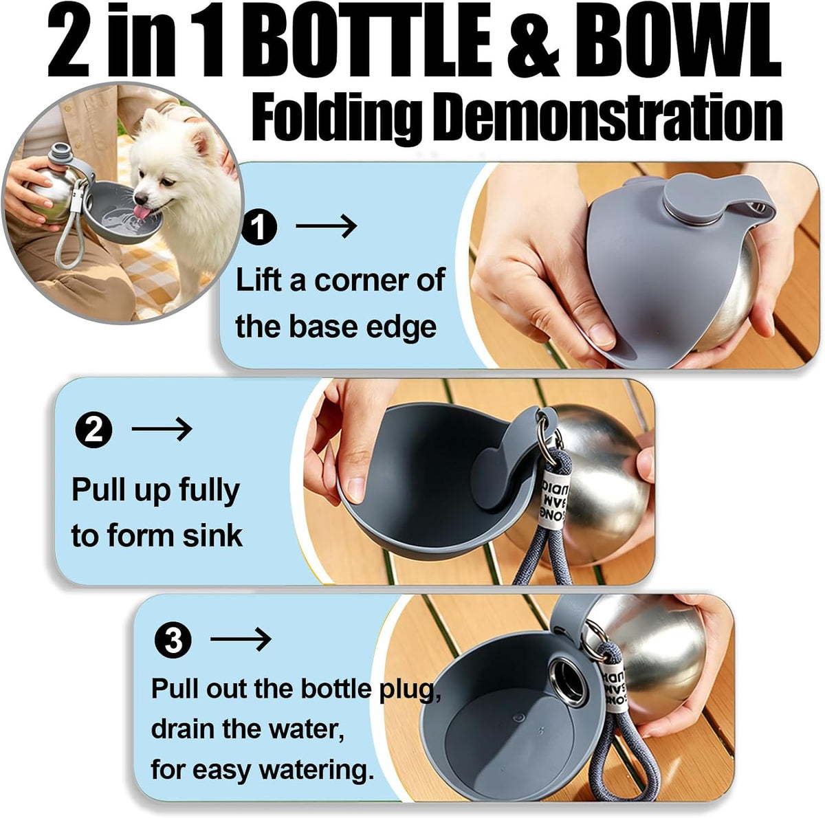 2 in 1 Portable Dog Water Bottle with Foldable Bowl 10oz Gray