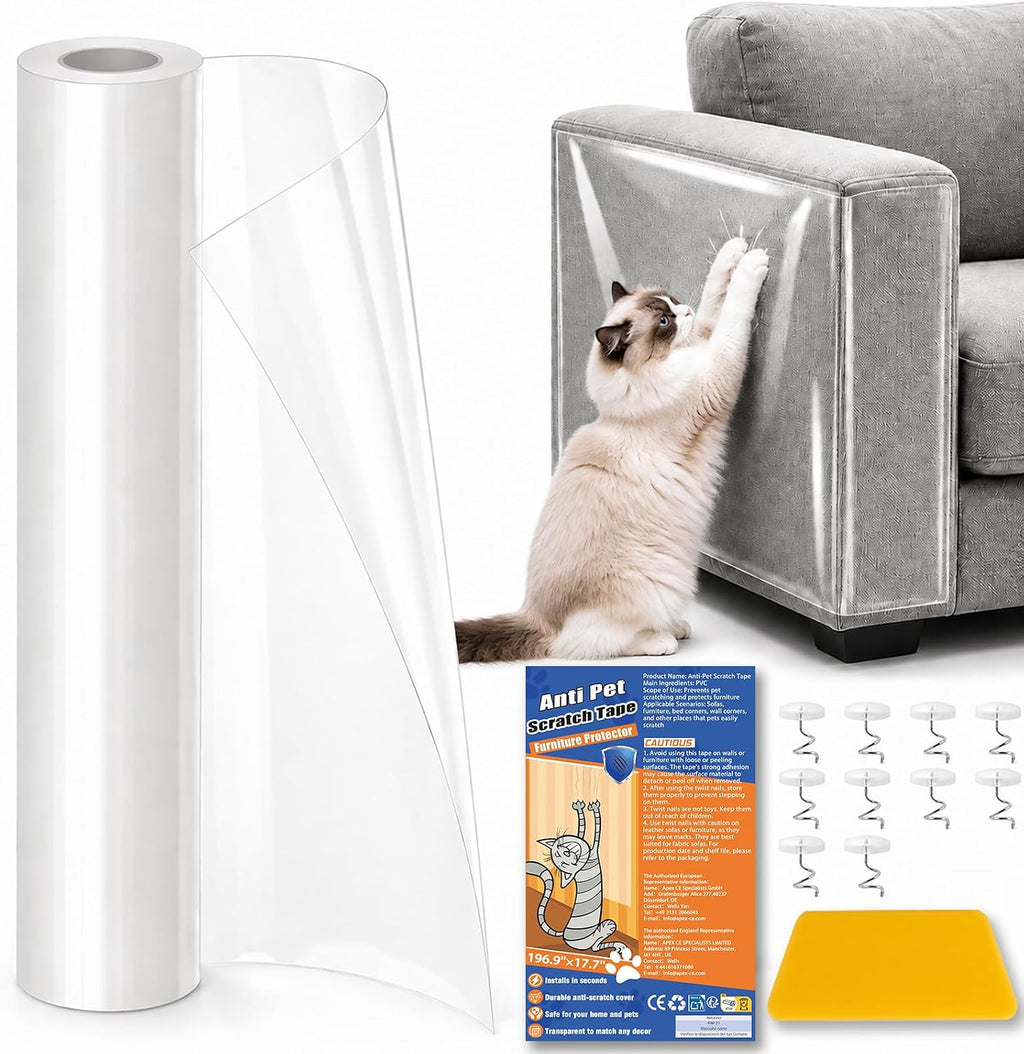 196.9" x 17.7" Anti Cat Scratch Furniture Protector, Clear Couch Protector from Cat Claws, Self-Adhesive Anti Scratch Cats Tape for Furniture with Twist Pins and Scraper