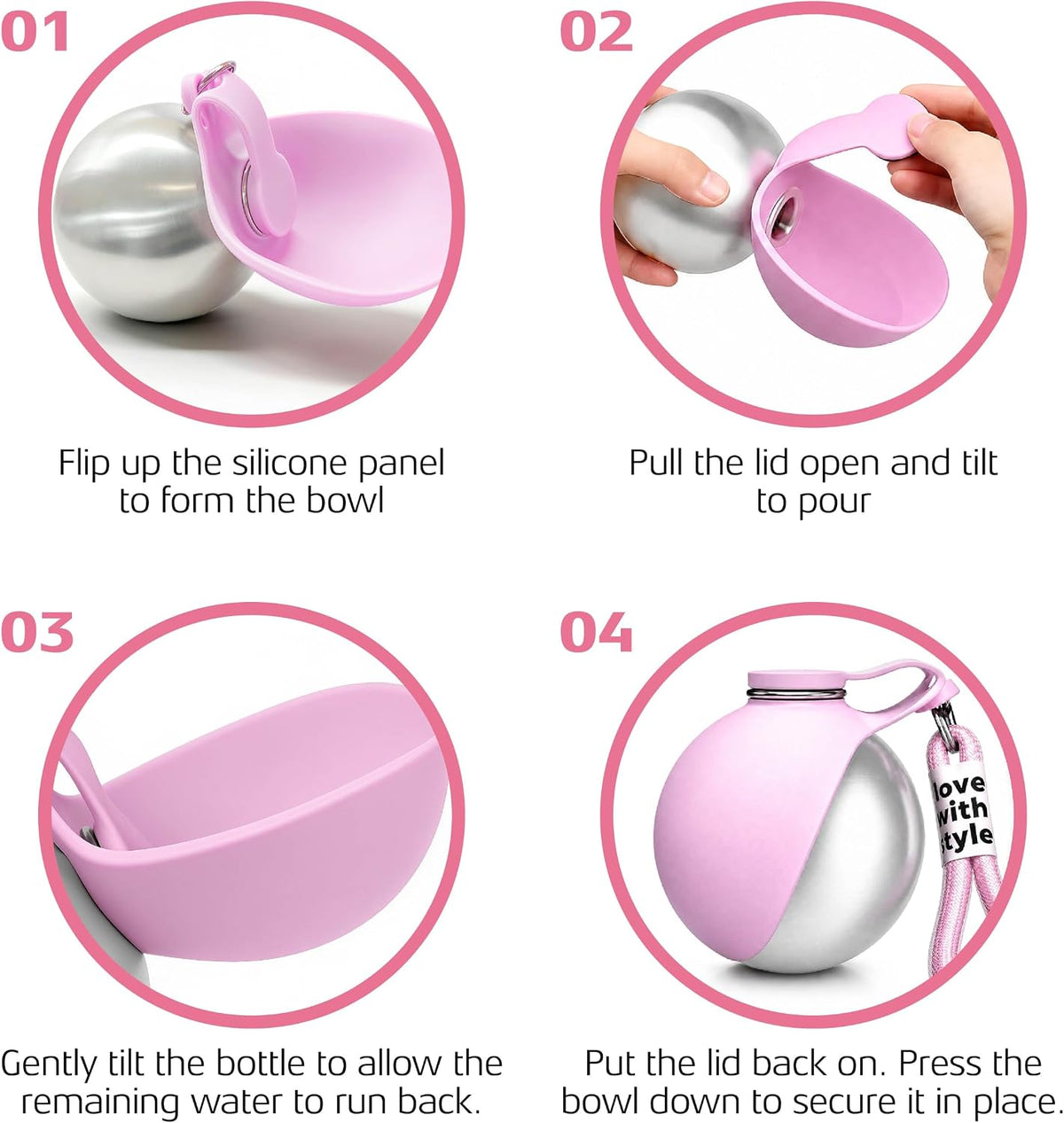 Portable Dog Water Bottle for Walking, 10oz Stainless Steel Pet Water Dispenser with Foldable Silicone Bowl, Leak-Proof Puppy Water Bottle for Small Dogs&Cats,Travel Hiking Outdoor Use(Pink)
