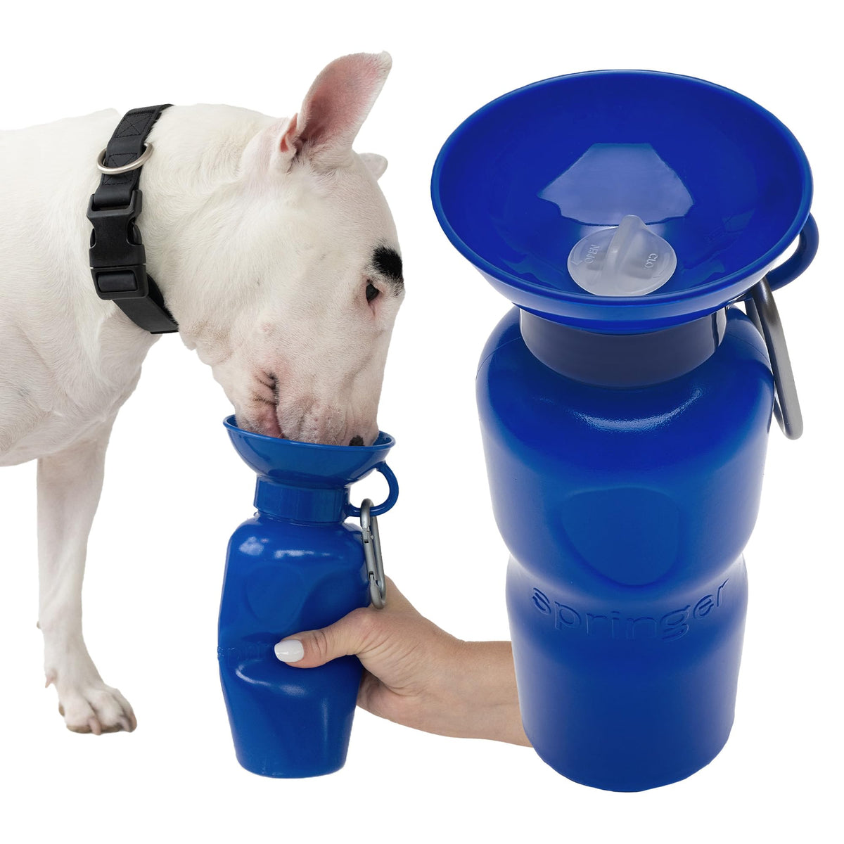 Springer Dog Water Bottle | Portable Travel Drinking Feeder Dispenser for Dogs & Puppies | As Seen on Shark Tank | Leak-Proof Bowl | BPA-Free | Outdoor Walking, Hiking & Travel | 22oz Blue