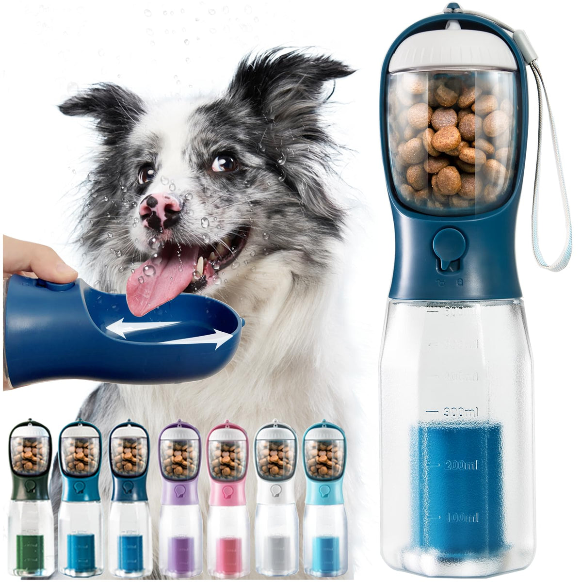 Portable Water Bottle for Dogs, 3 in 1 Pet Travel Bowl Dispenser with Food Treat Container & Poop Bag Holder, Summer Outdoor Walking Hiking Accessories for Large Dog On The Go - Blue, 20oz