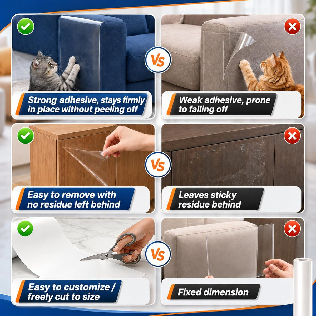 196.9" x 17.7" Anti Cat Scratch Furniture Protector, Clear Couch Protector from Cat Claws, Self-Adhesive Anti Scratch Cats Tape for Furniture with Twist Pins and Scraper