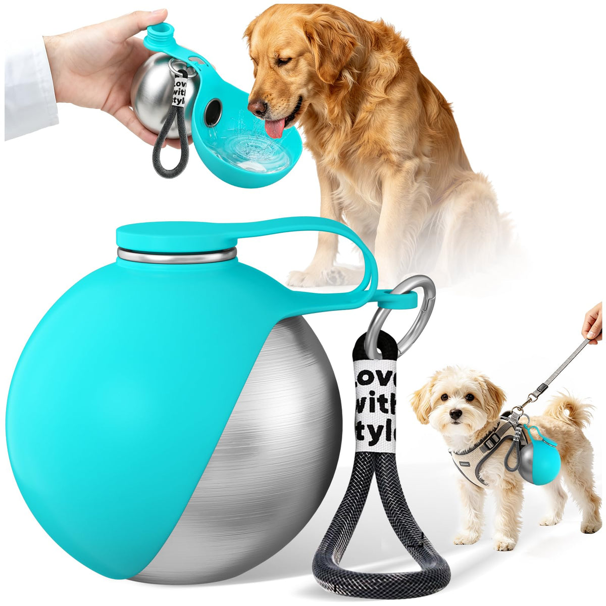 2 in 1 Dog Water Bottle with Bowl, 10oz Stainless Steel - Blue