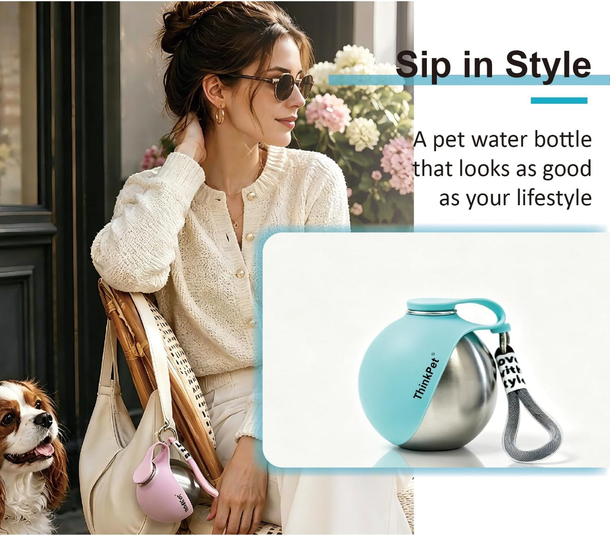 ThinkPet Leafsip 285ML Dog Water Bottle, Leak-Proof Portable, Teal