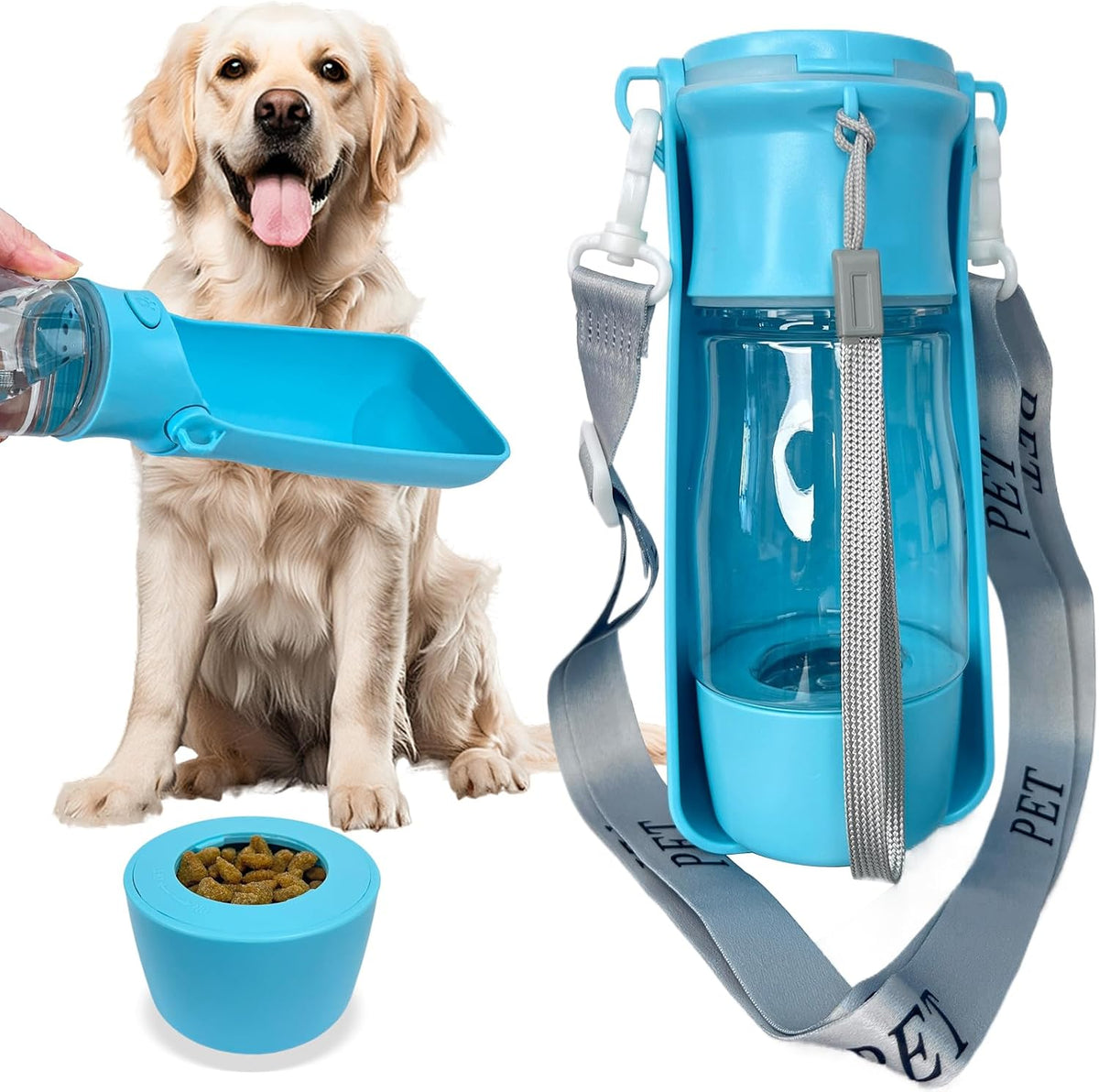 Portable 2-in-1 Pet Water Bottle for Dogs Cats, Leakproof 8oz Travel Bottle with Food Storage, Blue