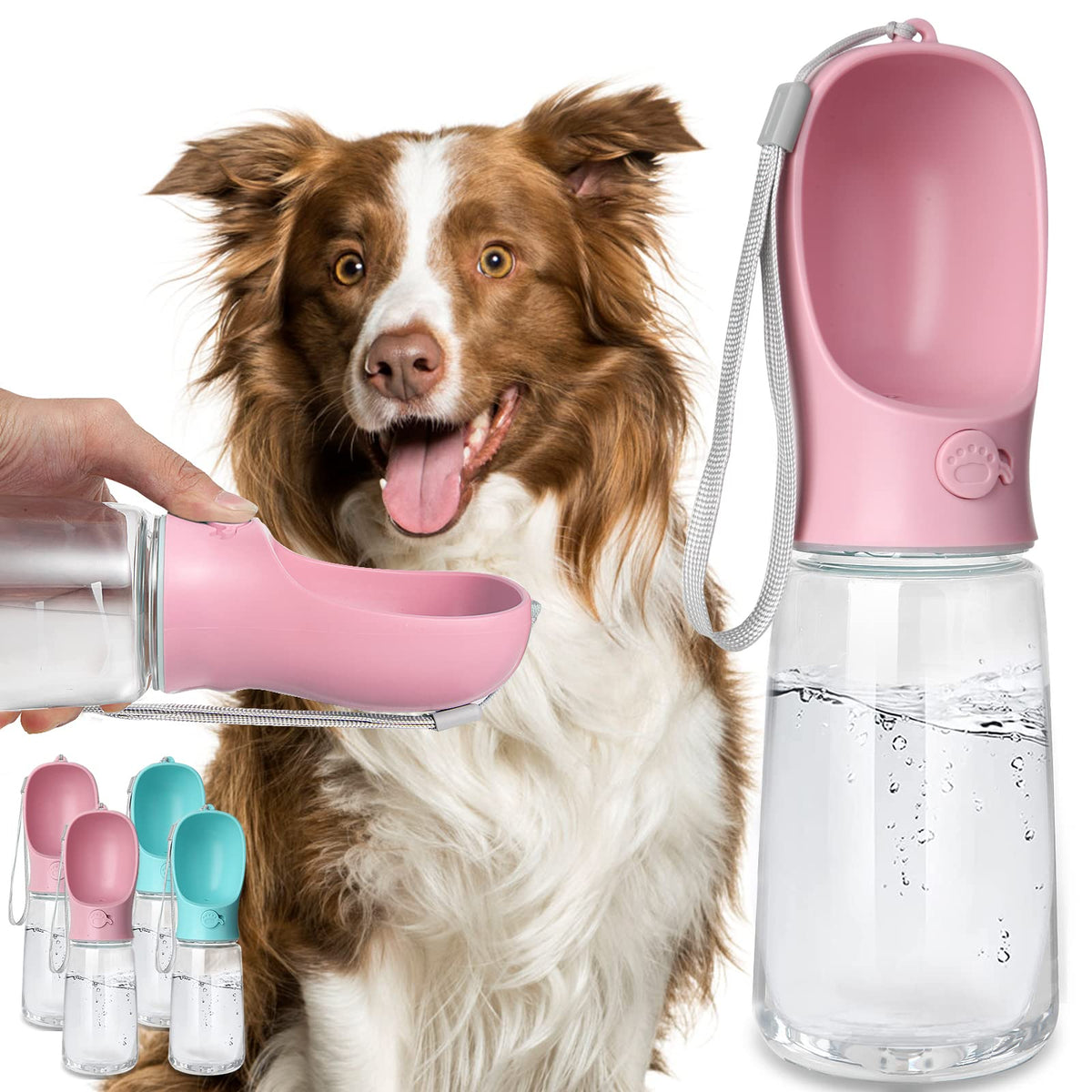Kalimdor Dog Water Bottle, Leak Proof Portable Puppy Water Dispenser with Drinking Feeder for Pets Outdoor Walking, Hiking, Travel, Food Grade Plastic (12oz Pink)