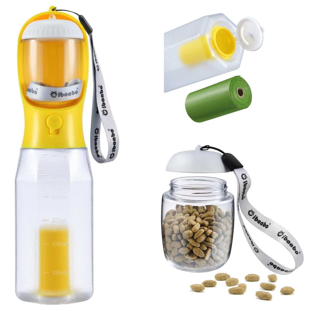 Cibaabo Dog Water Bottle with Food Container & Poop Bag Holder & Filter