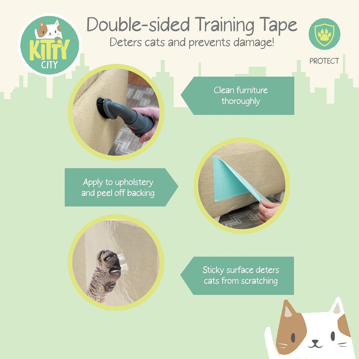 Kitty City Cat Scratch Furniture Protector Tape – 12 Large Clear Double-Sided Sticky Sheets – Cat Scratch Deterrent & Training Tape for Couch, Sofa, Chairs & Walls – Non-Toxic, Residue-Free