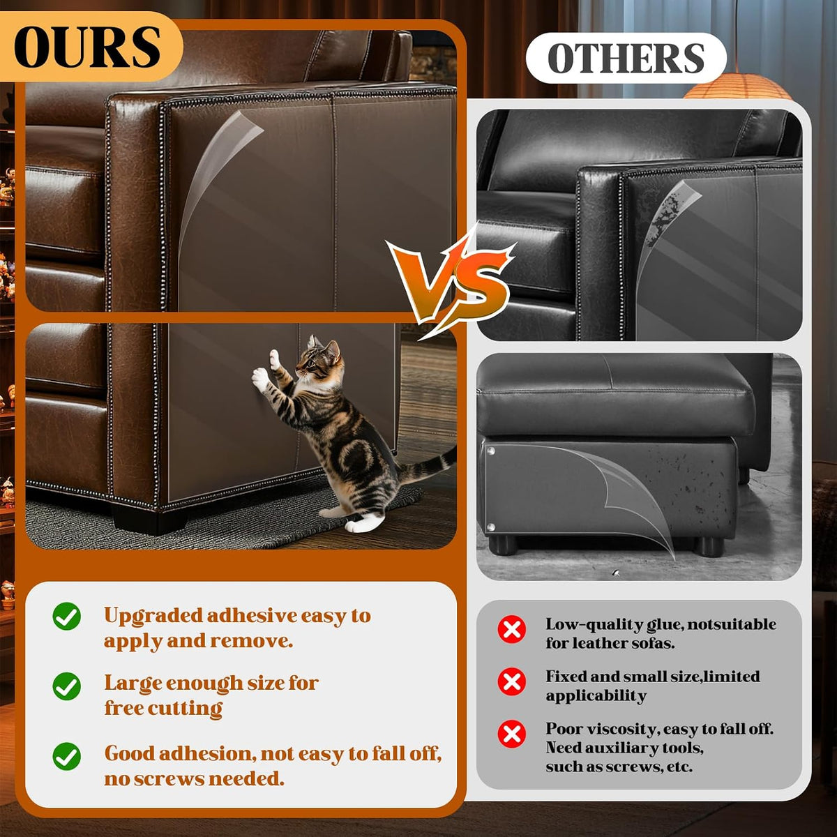 Cat Scratch Furniture Protector - Design for Leather Couch, 157.5"x11.8" Clear Couch Protector from Cat Claws, Thickened Anti-Scratch Adhesive Roll, Cuttable & Residue-Free, No Pins