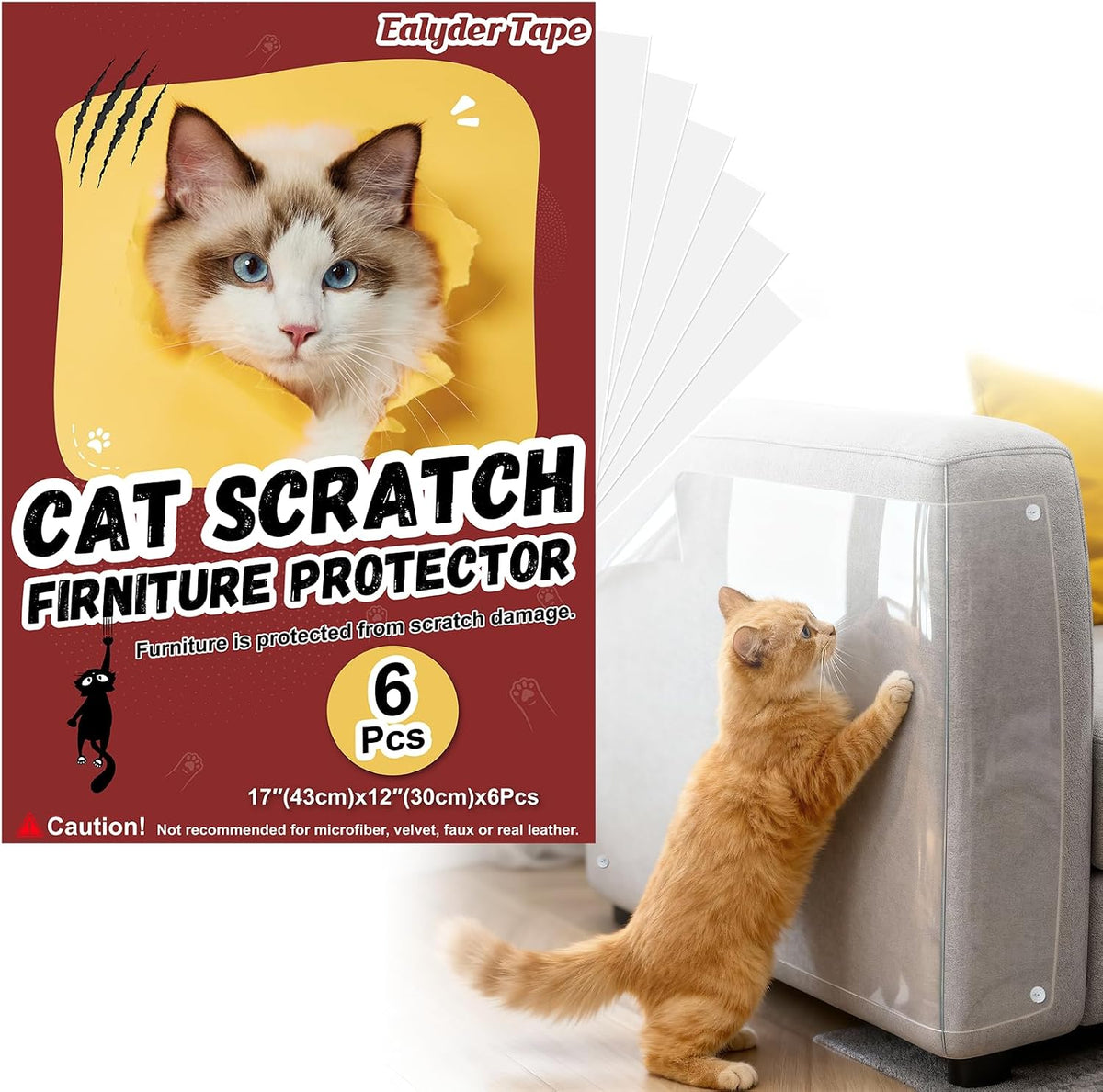 6 Pack Anti Cat Scratch Furniture Protector Clear Self-Adhesive Sofa Protector