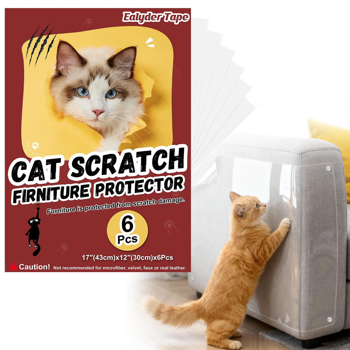 6 Pack Anti Cat Scratch Furniture Protector Clear Self-Adhesive Sofa Protector