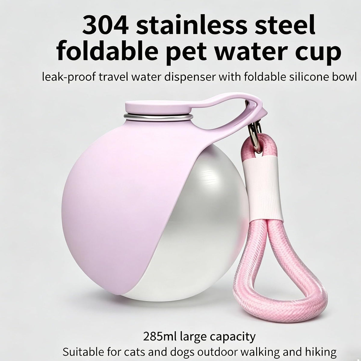 Portable Dog Water Bottle, 304 Stainless Steel Foldable Pet Water Cup, Leak-Proof Travel Water Dispenser with Foldable Silicone Bowl, 285ml Large Capacity for Dogs Cats Outdoor Walking Hiking