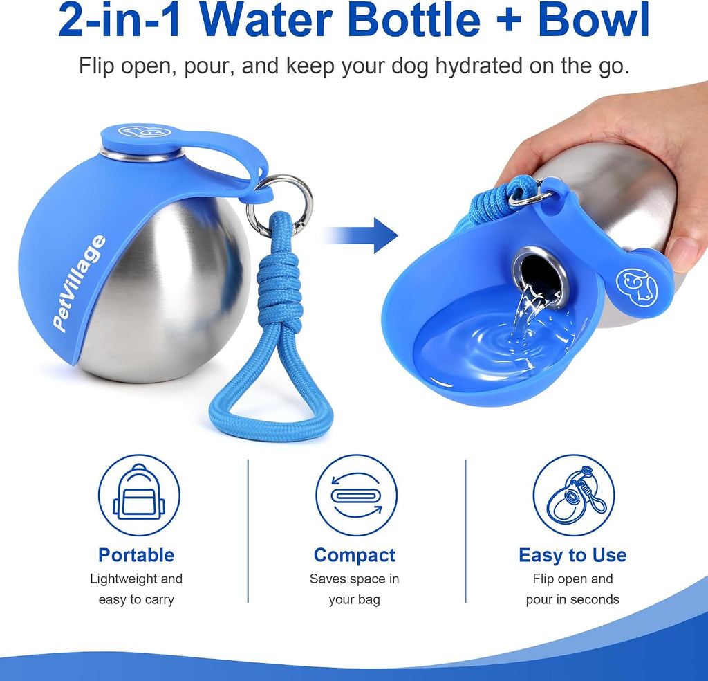 2-in-1 Dog Water Bottle with Foldable Bowl, Portable Leak-Proof Pet Travel Water Dispenser, Stainless Steel Dog Hydration Bottle for Walking, Hiking, Small Dogs & Puppies, PawSip Blue 10oz