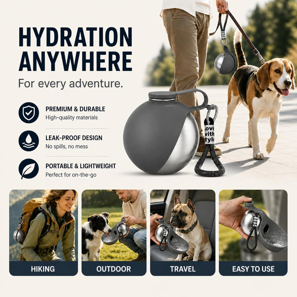 Portable Dog Water Bottle Bowl, 10oz Stainless Steel Puppy Water Dispenser