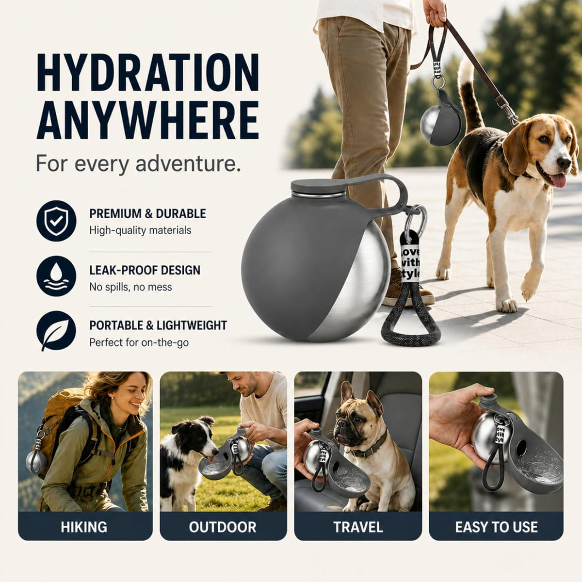 Portable Dog Water Bottle Bowl, 10oz Stainless Steel Puppy Water Dispenser