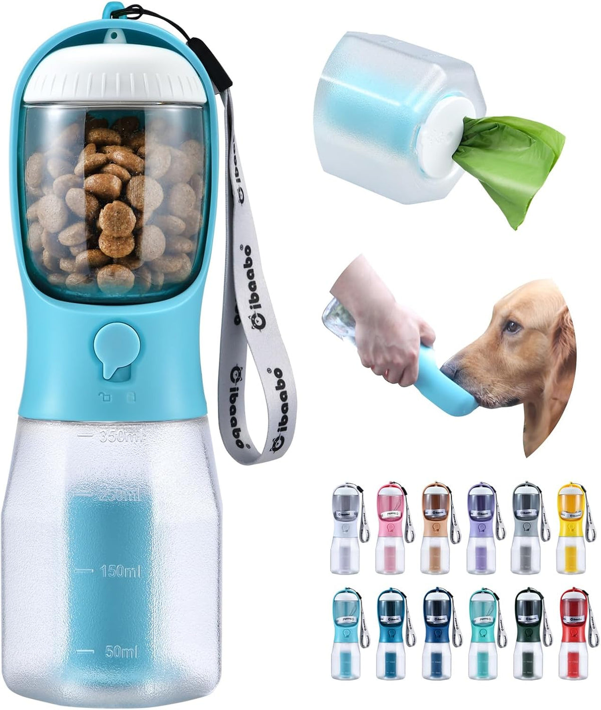 Cibaabo Dog Water Bottle with Food Container & Poop Bag Holder & Filter