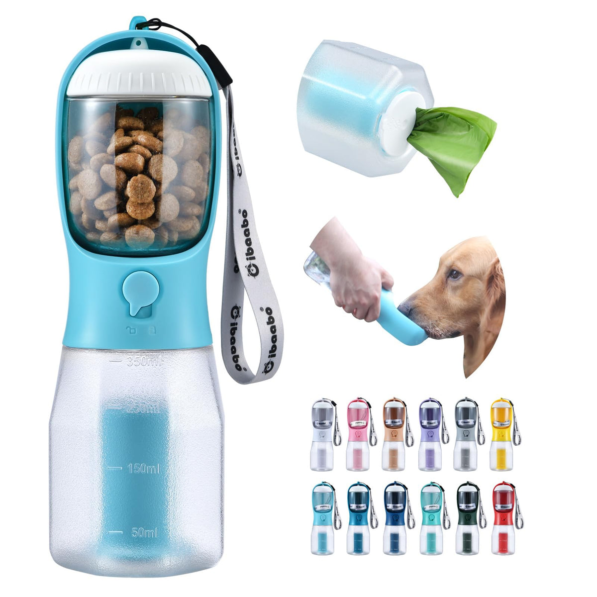Cibaabo Dog Water Bottle with Food Container & Poop Bag Holder & Filter