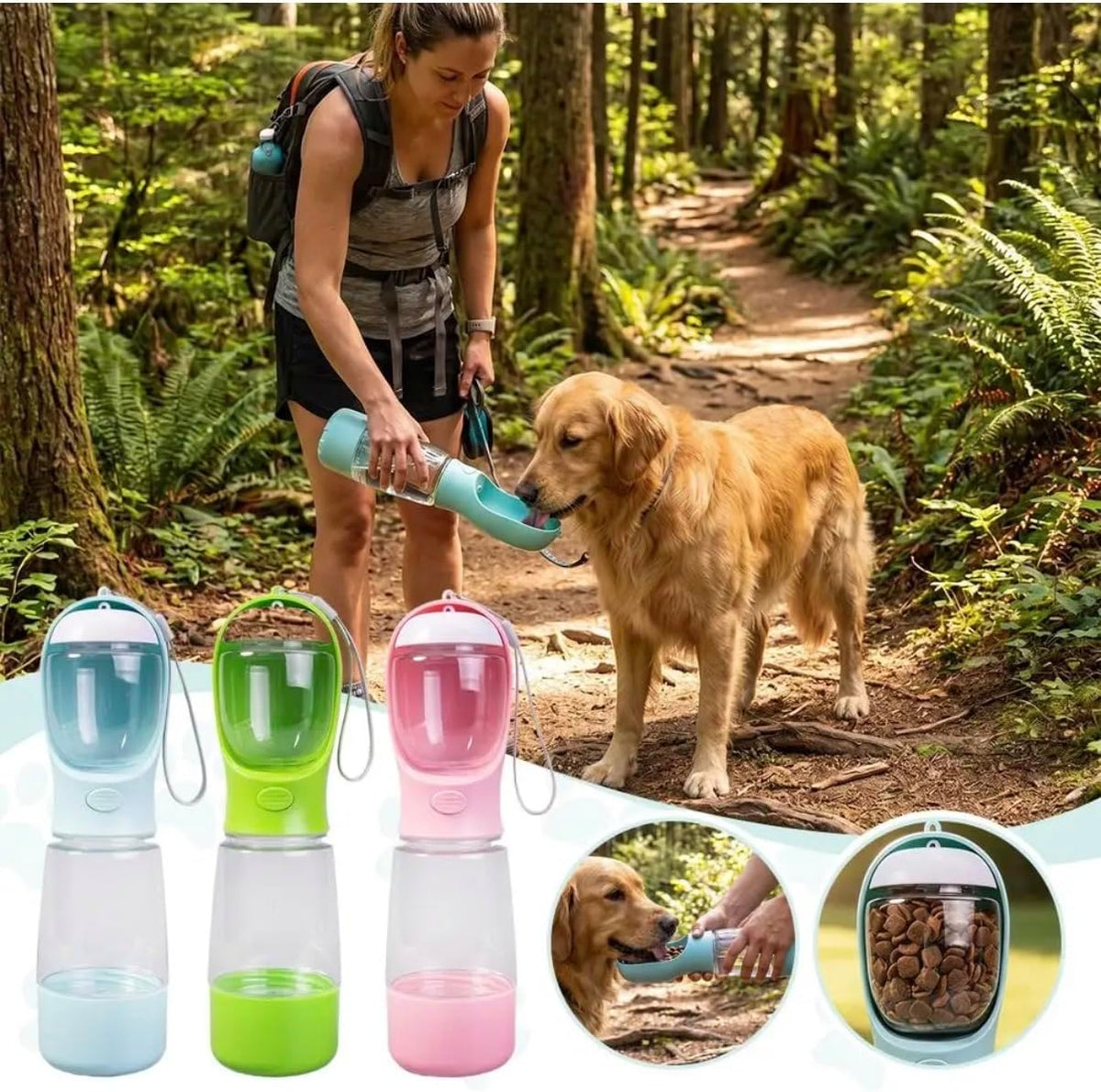 Portable Dog Water Bottle with Bowl, Food Container & Poop Bag Holder, 13.5 oz, Leak Proof Travel Pet Water Bottle for Dogs & Cats, Food Grade Plastic Dispenser for Walking, Hiking & Camping (Pink)