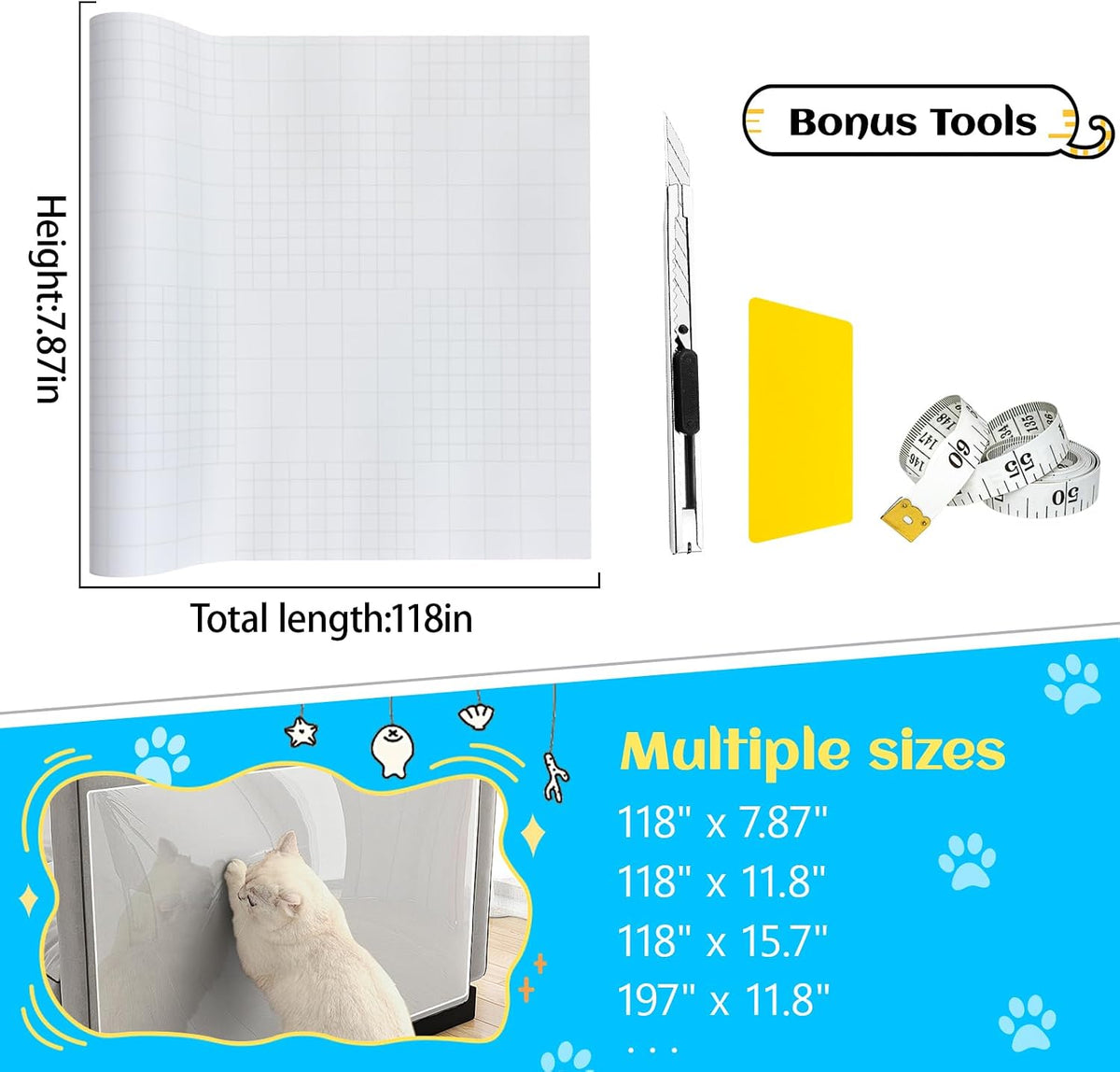 Anti Cat Scratch Furniture Protector, New Couch Protector from Cats Claws, Cat Protection for Furniture, Walls, Doors with Pocket Knife, Scraper, Tape(7.87" x 118")
