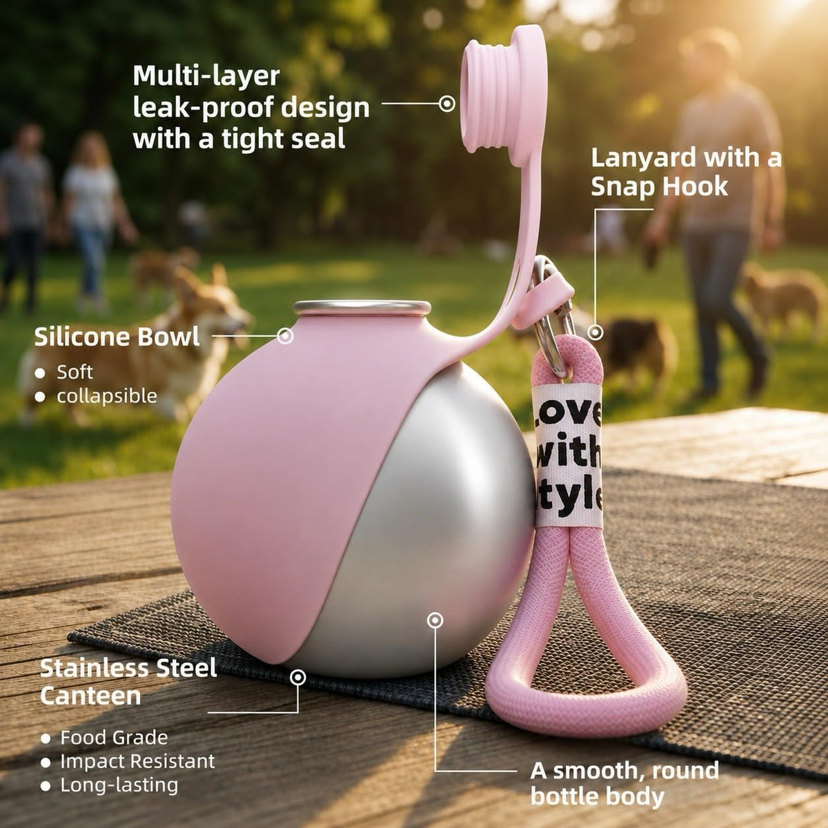 Portable Dog Water Bottle with Collapsible Silicone Bowl & Cleaning Brush