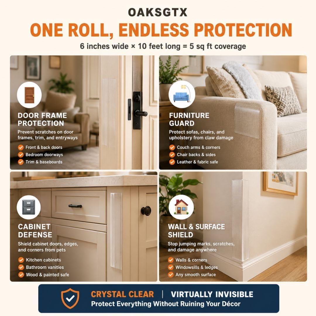 Furniture Protectors from Cats Scratching | Cat Scratch Furniture Protector Couch, Sofa & Door Protector | Sticky Paws Tape for Cats | Clear Anti-Scratch Vinyl Tape | 6" x 10ft, No Residue