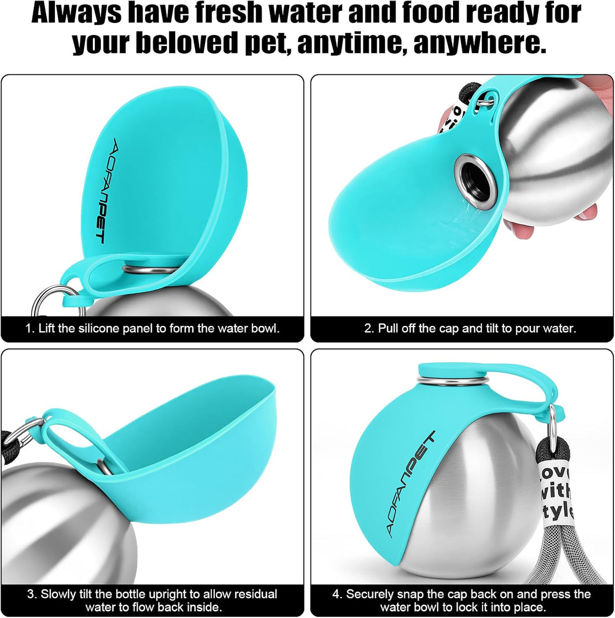 Portable Dog Water Bottle 10oz Stainless Steel Travel Bowl