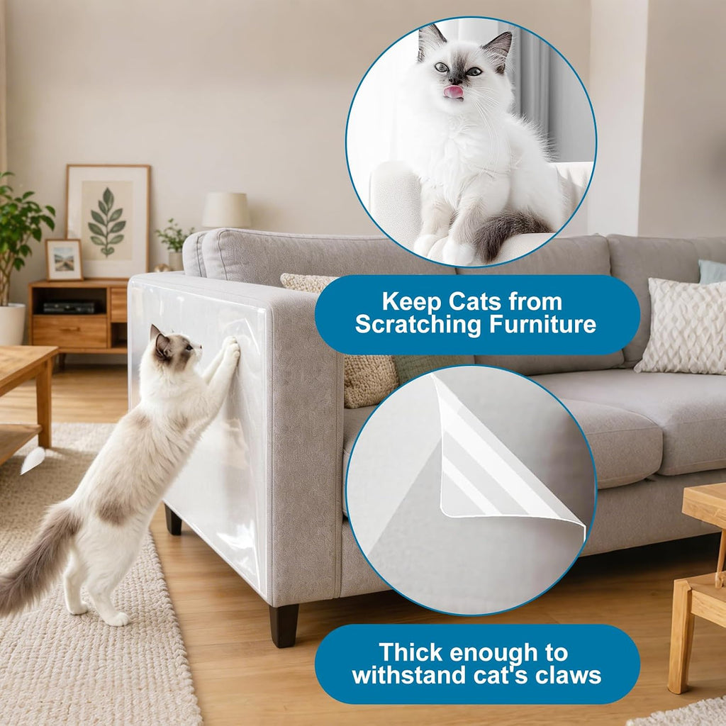 Anti Cat Scratch Furniture Protector – Clear Thicken Vinyl Tape 160"x 12.6", Single-Sided Sticky Couch Protector from Cat Claws, Flexible Guard for Sofa Corner Door Walls Bed Leather