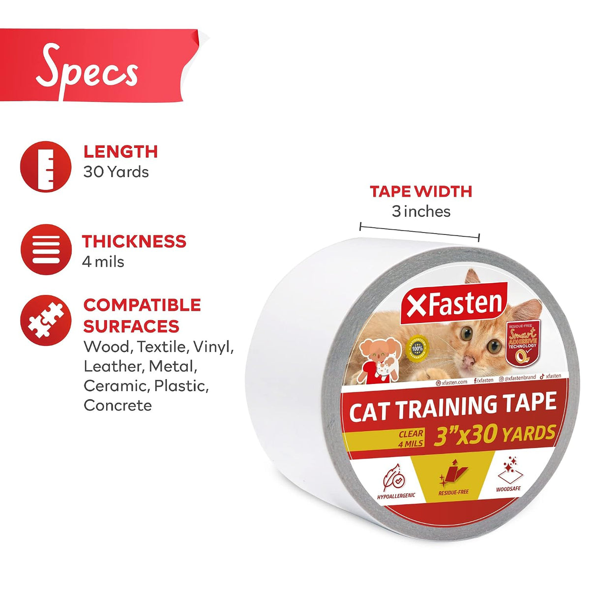 XFasten Anti-Scratch Cat Training Tape, 3-Inches x 30-Yards - Door, Couch, Furniture and Leather Scratch Guard Protector Tape for Cats and Pets