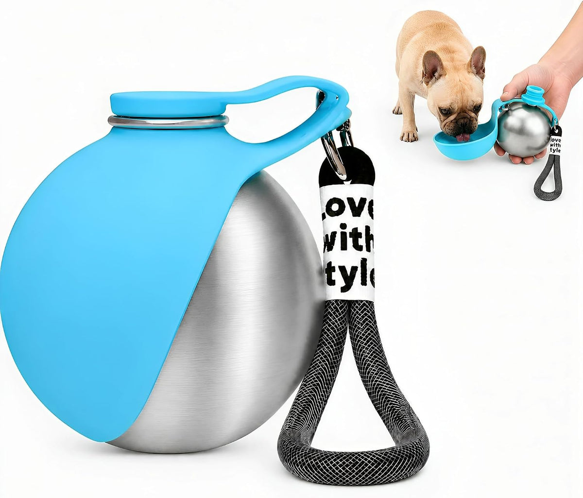 2 in 1 Dog Water Bottle Portable with Bowl, 10oz Stainless Steel, Blue