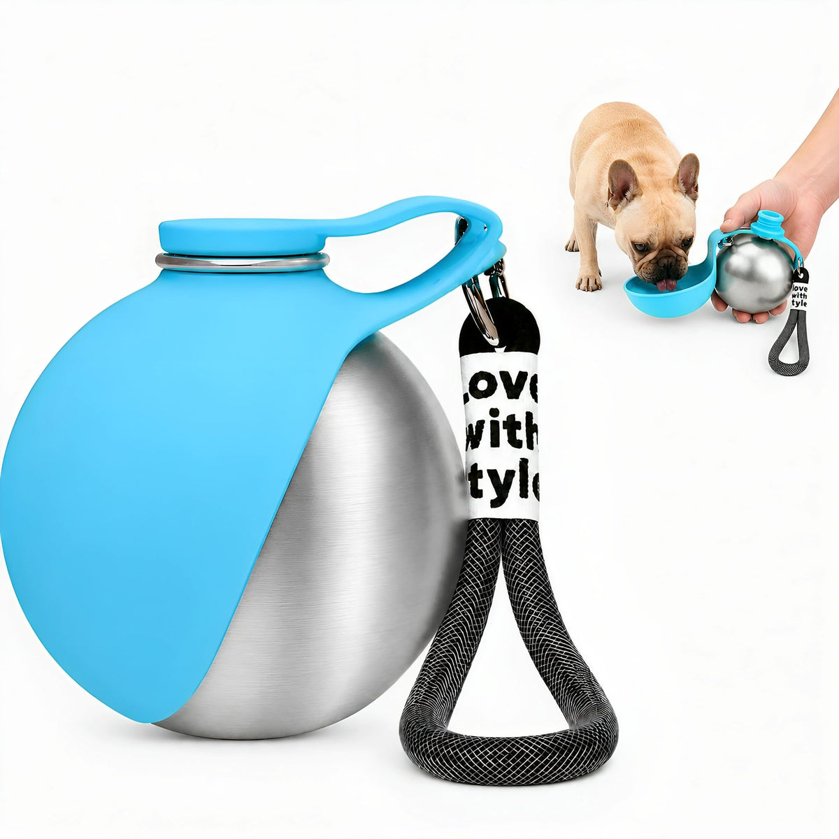2 in 1 Dog Water Bottle Portable with Bowl, 10oz Stainless Steel, Blue