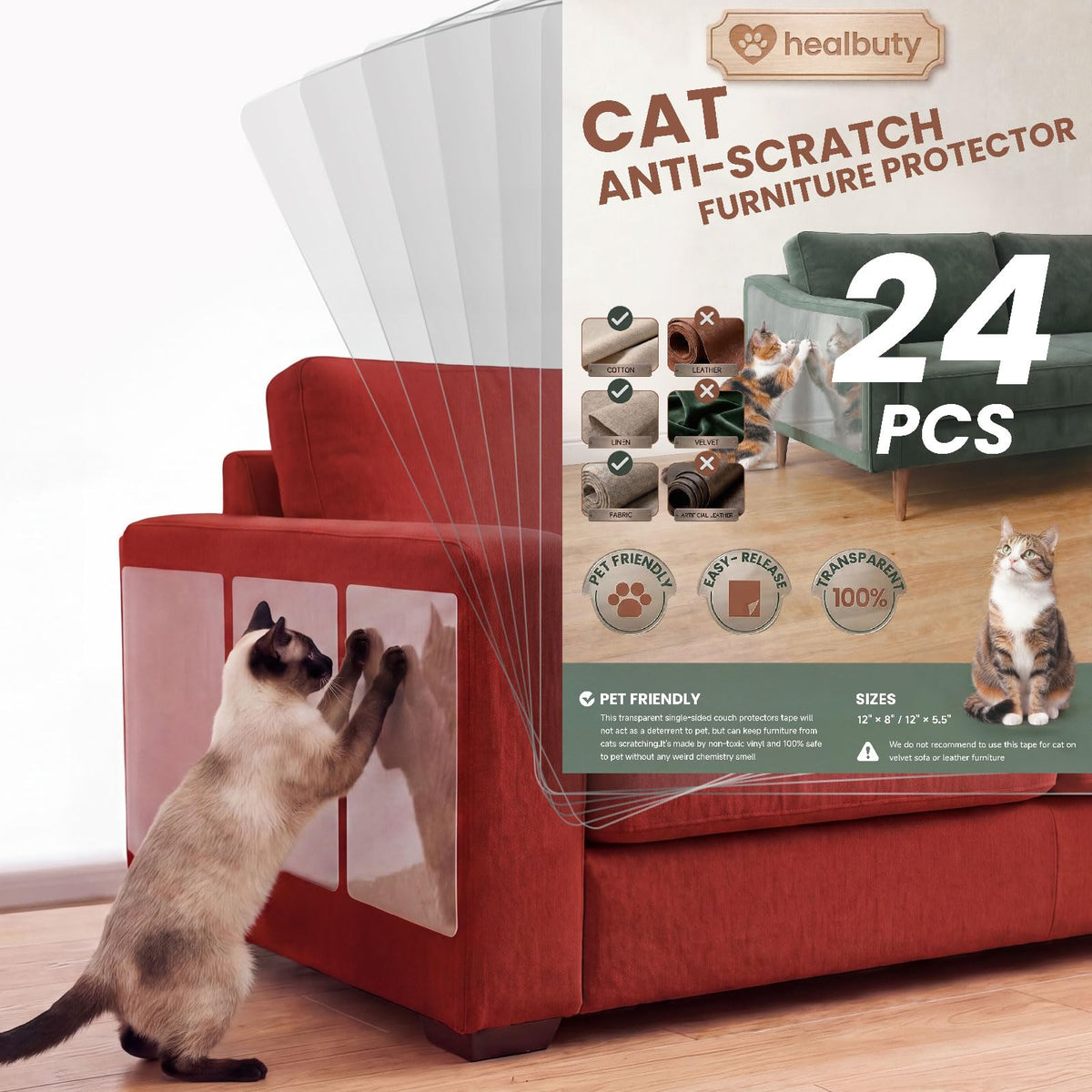 Cat Scratch Furniture Protector, 12 Pack Self Adhesive Tape, Heavy Duty Flexible Corner Guards for Couch, Sofa, Doors, Walls, Chairs, Armrests, No Residue, No Pins, Cat Scratch Protection Kit
