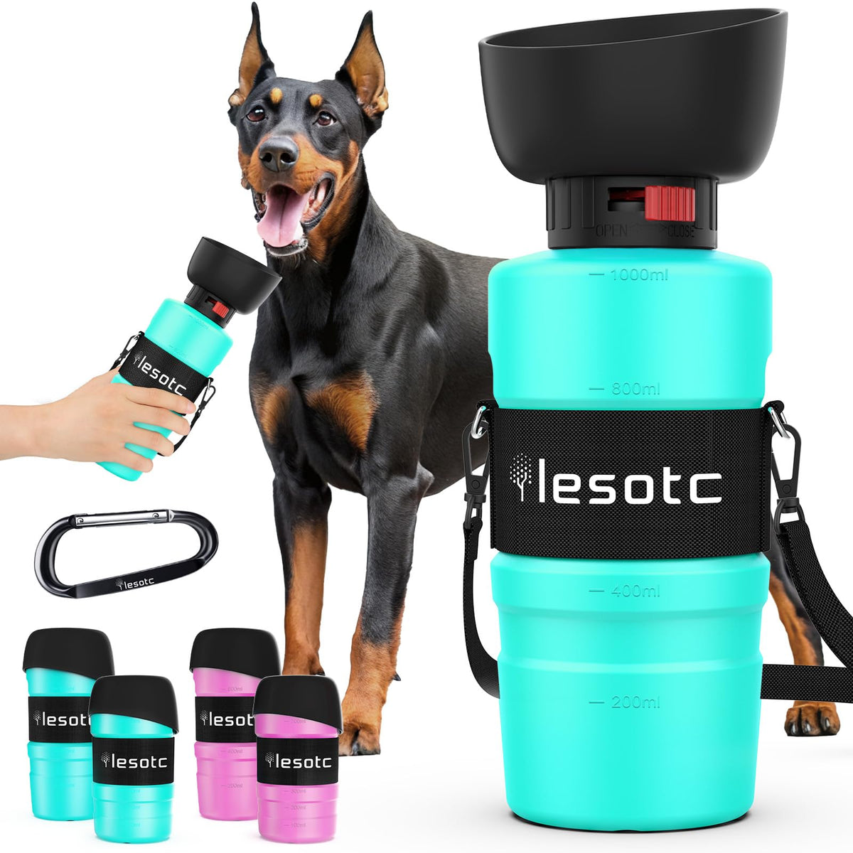 lesotc Dog Water Bottle, Portable Water Dispenser with Bowl, Leak Proof Pet Travel Squeeze Bottle, Puppy Essentials Dog Stuff Accessories for Outdoor Walking, Hiking, Camping