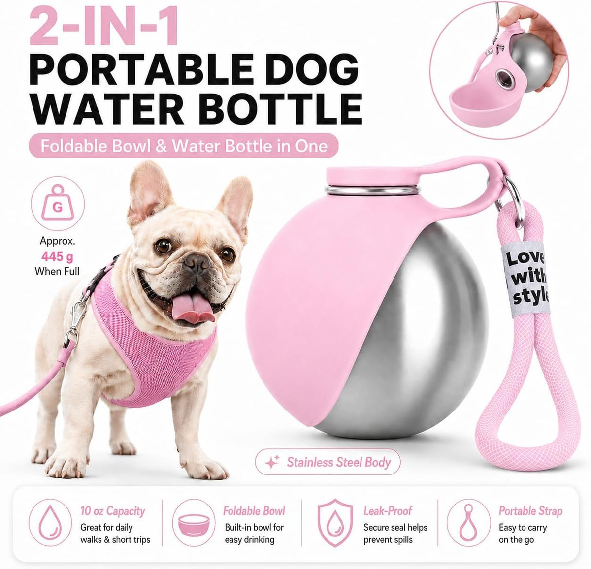 Portable Pet Dog Water Bottle with Silicone Collapsible Bowl, 10 oz Pink