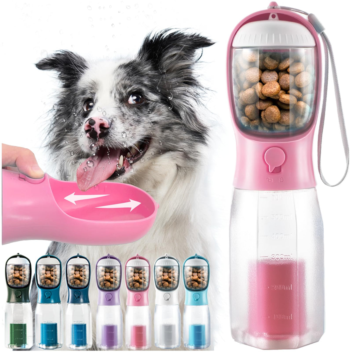 Portable Water Bottle for Dogs, 3 in 1 Pet Travel Bowl Dispenser with Food Treat Container & Poop Bag Holder, Summer Outdoor Walking Hiking Accessories for Large Dog On The Go - Blue, 20oz