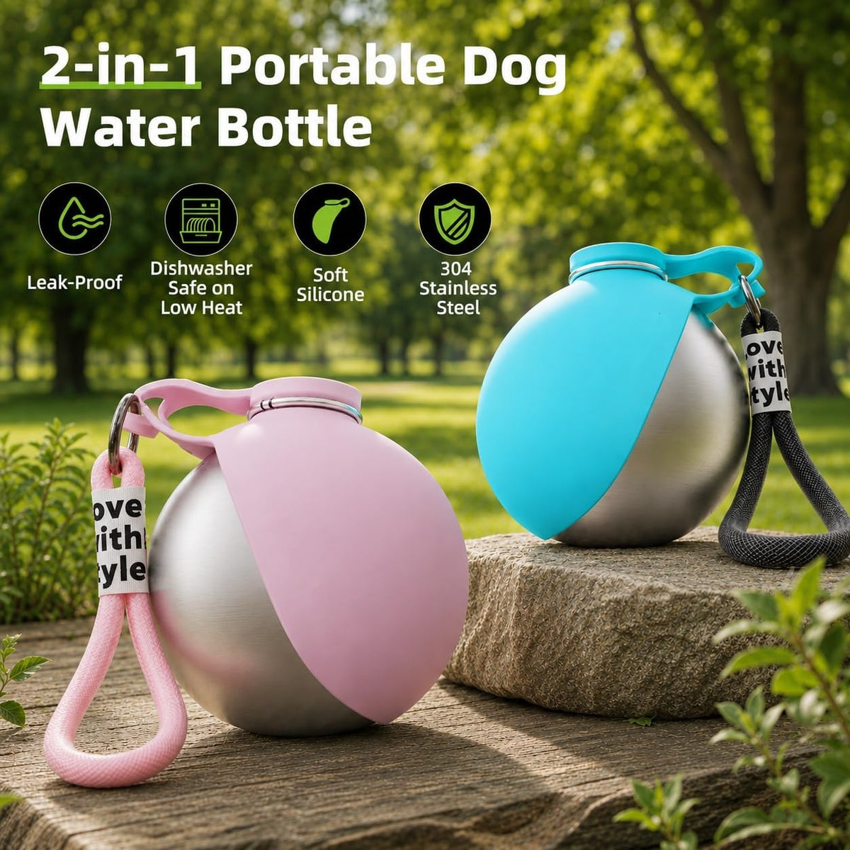 Portable Dog Water Bottle with Collapsible Silicone Bowl & Cleaning Brush