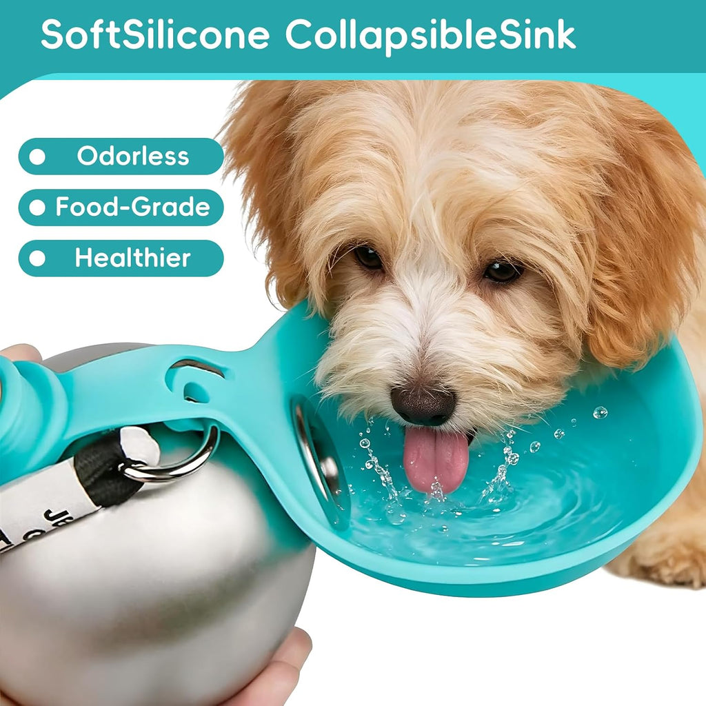 2in1 Portable Dog Water Bottle Portable,10oz Stainless Steel Leak Proof Pet Water Bottle Portable Dog Water Bottle Silicone Bowl,Outdoor Travel Water Bottle for Dogs Walking Hiking Camping, Blue