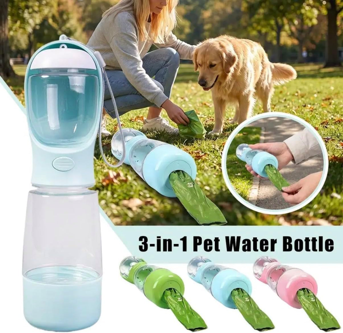 Portable Dog Water Bottle with Bowl, Food Container & Poop Bag Holder, 13.5 oz, Leak Proof Travel Pet Water Bottle for Dogs & Cats, Food Grade Plastic Dispenser for Walking, Hiking & Camping (Pink)