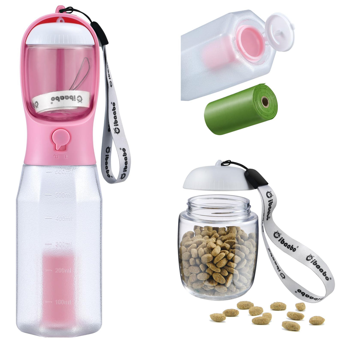 Cibaabo Dog Water Bottle with Food Container & Poop Bag Holder & Filter