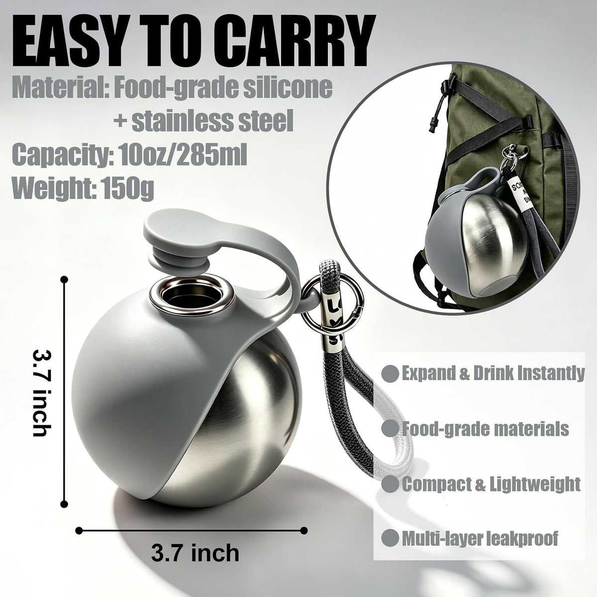 2 in 1 Portable Dog Water Bottle with Foldable Bowl 10oz Gray