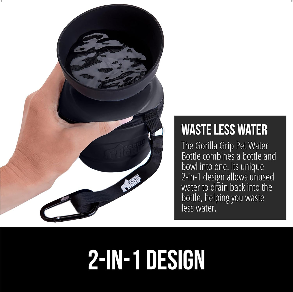 GORILLA GRIP Portable Dog Water Bottle, Food Grade Silicone, 16oz Black