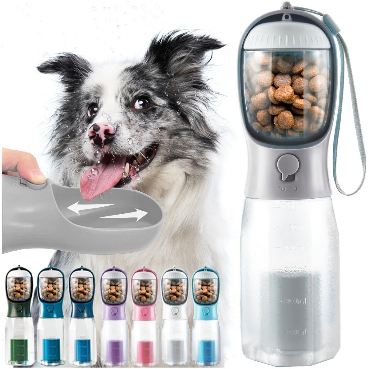 Portable Water Bottle for Dogs, 3 in 1 Pet Travel Bowl Dispenser with Food Treat Container & Poop Bag Holder, Summer Outdoor Walking Hiking Accessories for Large Dog On The Go - Blue, 20oz