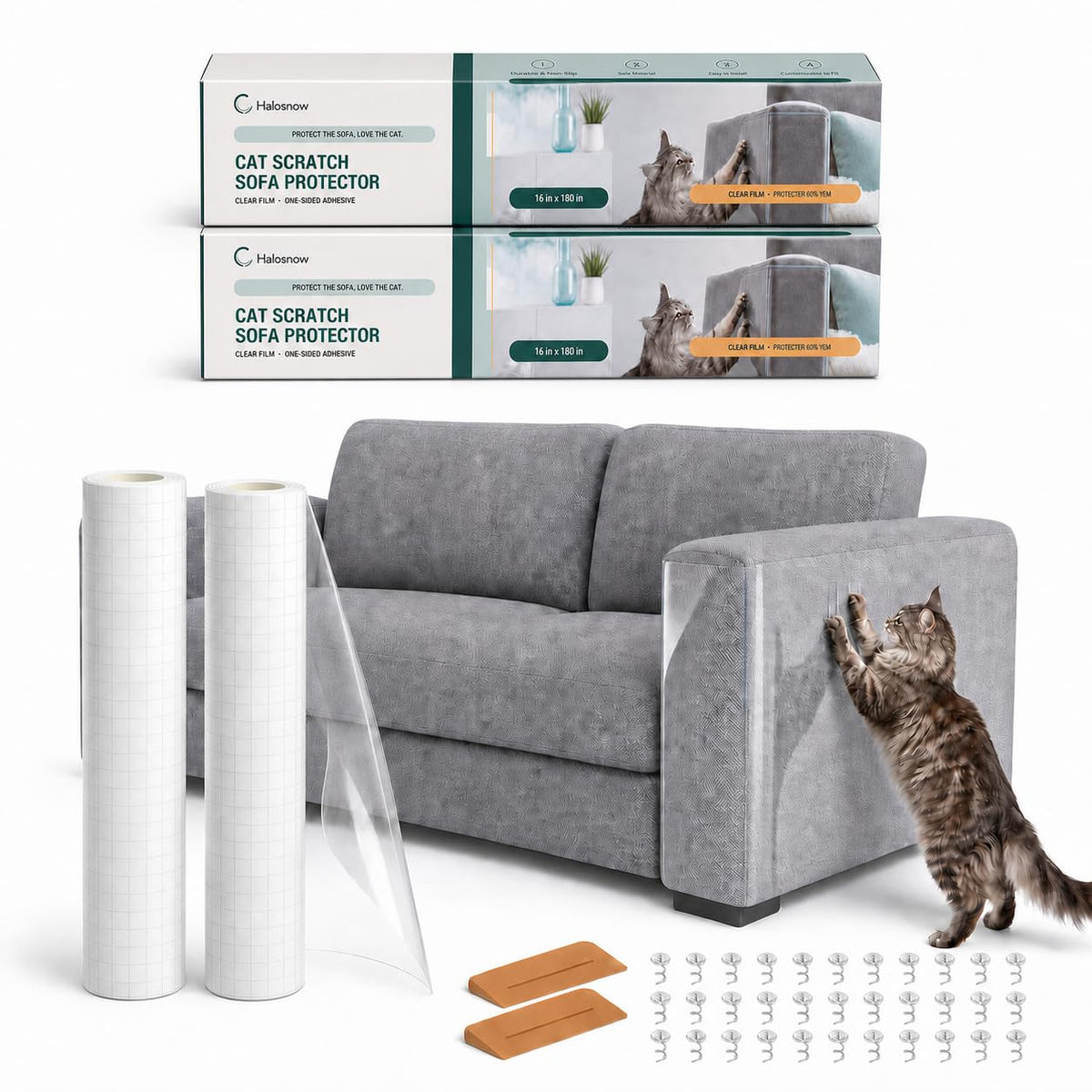 Anti Cat Scratch Furniture Protector 16in x 160in, 0.2mm Thicker Clear Vinyl Tape, Couch Protector from Cat Claws, Flexible Corner Guard for Sofa Bed Door, Cut to Size with Grid Lines